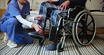 Nurse, support and wheelchair with feet of old person with a disability for physiotherapy, help or osteoarthritis. Health, occupational therapy and rehabilitation assistance in retirement home