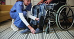 Nurse, support and wheelchair with old person with a disability for physiotherapy, caregiver help or osteoarthritis. Healthcare, occupational therapy and rehabilitation assistance in retirement home