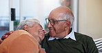 Hug, smile and senior couple in home for bonding, support or connection for marriage commitment. Embrace, happy man and woman in retirement with love, care and loyalty for relationship in living room