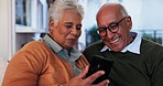 Elderly couple, phone and smile on sofa for video call, communication and networking. Senior people, mobile and happy in home for family contact, social media and bonding and relax in living room