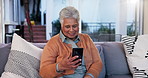 Video call, phone and smile with old woman in living room for telehealth consulting, visually impaired assistance and medical app. Communication, network and technology with senior person at home