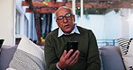 Video call, phone and network with old man in living room for telehealth consulting, visually impaired assistance and medical app. Communication, contact and technology with senior person at home