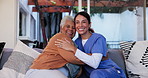 Hugging, face and nurse with senior woman in assisted living facility for good news celebration. Checkup, happy and elderly female patient embracing caregiver for healthcare treatment success.