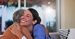 Hugging, people and nurse with senior woman in assisted living facility for good news celebration. Checkup, happy and elderly female patient embracing caregiver for healthcare treatment success.