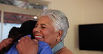 Hugging, pride and nurse with senior woman in assisted living facility for good news celebration. Checkup, grateful and elderly female patient embracing caregiver for healthcare treatment success.