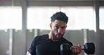 Man, dumbbell and workout in gym for muscle, biceps growth and strong arms with sweat or resilience. Bodybuilder, motivation and exercise for body development, fitness and power with weight training