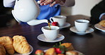 Nursing home, person hands or pouring tea at breakfast for elderly care, assistance or support. People, teapot or herbal drink at table for wellness, healthcare or morning schedule in assisted living