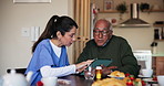 Tablet, breakfast and nurse with senior man in assisted living facility for healthcare checkup. Digital technology, diet food and caregiver with elderly patient for diabetes checkup in nursing home