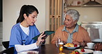 Tablet, breakfast and caregiver with senior woman in assisted living facility for healthcare checkup. Technology, diet food and nurse with elderly patient for diabetes treatment in nursing.