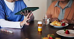 Tablet, hands and nurse with drugs for patient eating breakfast in home for healthcare. Pills, medical or caregiver with medicine bottle for prescription or explain daily schedule to help sick person