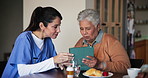 Tablet, breakfast and nurse with senior woman in assisted living facility for healthcare checkup. Digital technology, diet food and caregiver with elderly patient for diabetes checkup in nursing home