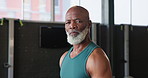 Gym, fitness and face of mature black man for training, exercise and workout for strength. Sports, serious and portrait of senior person for wellness, health and muscles for performance and endurance