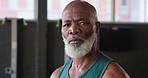 Gym, exercise and face of mature black man for training, fitness and workout for strength. Sports, serious and portrait of senior person for wellness, health and muscles for performance and endurance