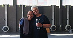 Happy, gym and face of woman with senior mother for fitness, workout or health training. Smile, hug and portrait of elderly female person with adult child in sports center for wellness exercise.