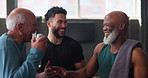 Mature man, personal trainer and friends laughing in gym for exercise, workout or training. Physical therapy, support and help with routine with fitness, discussion and wellness for retirement health