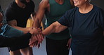 People, fitness and huddle for motivation in gym, training and together for workout progress. Group, teamwork and trainer for class diversity celebration, energy and hands for support in exercise