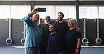 Selfie, people and smile in gym for fitness, support and health in retirement. Personal trainer man, senior group or happy for photography for progress, social media or wellness center service review