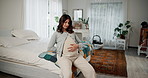 Pregnant, woman and back pain on bed in home with discomfort, contractions and morning sickness. Maternity leave, person and overwhelmed with backache, frustrated and injury in bedroom of house
