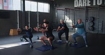 Coach, senior group and squat for fitness in gym with people for muscle development at club in retirement. Person, elderly men and women with weightlifting for workout, training or exercise in class