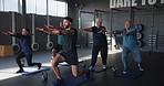 Senior people, coach and exercise in gym with training for strength, balance and stability support. Fitness, trainer and group with lunge in lesson for flexibility workout, mobility and joint health