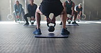 Legs, group and kettlebell in gym, squat and fitness for senior people for muscle development at class. Person, elderly men and women with weightlifting for workout, training and club in retirement