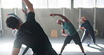 Stretching, gym and coach with senior people for training, exercise or warm up for workout. Sports, pilates and personal trainer with mature men and women for wellness, health or fitness for mobility