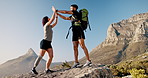 Couple, hiking and celebration with high five on mountain for goals, achievement or success in exercise. Happy, man and woman with gesture on adventure in nature for fitness, target or accomplishment