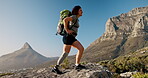 Woman, success and prosthetic leg for hiking on mountain for exercise, workout and fitness. Achievement, training and person with a disability outdoor for adventure, celebration and rehabilitation