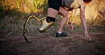 Running, fitness and woman with prosthetic leg for workout, marathon training and exercise. Sports, outdoors and person with disability start for wellness, health and performance on nature trail