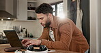 Man, laptop and freelancer writing in home on internet for travel, remote work or networking. Research, blog and digital nomad on technology for freelancing, online and application for publication