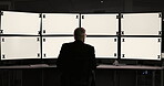 Businessman, back and screen with mockup at night for online trading, monitoring or investing at office. Male person, trader or broker working late on computer display or space for stock market app