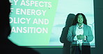 Speaker, projector or businesswoman in speech presentation for energy policy or proposal to audience. Projection screen, sustainability solutions or leader in event with research feedback information