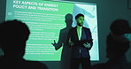 Energy, projector or businessman in speech presentation for transition, policy or proposal to audience. Projection screen, sustainability solutions or leader in event with feedback report information