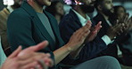 Hands, conference or closeup of business people clapping for success, seminar event or celebration. Presentation, winner or applause of audience for goal, motivation and awards for target achievement