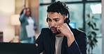 Headset, call center and businessman in office for online customer service, telemarketing or crm. Contact us, technical support and male receptionist with communication at help desk in workplace.