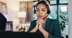 Headset, call center and businesswoman in office for online customer service, telemarketing or crm. Contact us, technical support and female receptionist with communication at help desk in workplace.