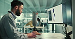 Prosthetic, screen or man on computer for model, inclusive device or future 3d development. Prosthetist, research or typing design for artificial limb innovation, foot or leg mobility engineering