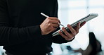 Business, man and hands planning on tablet for funding request application, brainstorming and investment deal. Budget analyst, professional and checklist with stylus for contract compliance in office