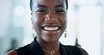 Smile, face and professional with business black woman in office for internal auditor, financial organization and consultant. About us, asset management and portrait of person in actuary firm