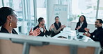Meeting, presentation and business people in office applause for planning, discussion and brainstorming. Corporate, success and men and women with whiteboard for finance review, feedback and teamwork