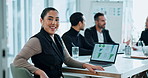 Face, business and computer in office meeting with website research, proposal graphic and planning at job. Woman, data analyst and startup agency for advice, support and growth or revenue on laptop