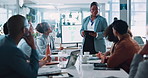 Presentation, tablet and people in office for feedback, meeting and finance report on screen. Woman speaker, corporate team and tech in board room for business, investment information and workshop