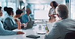 Presentation, back of man and people in office for feedback, meeting or information on screen. Speaker, corporate team or tech in board room for business, investment documents and workshop for growth