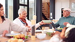 Eating, big family and smile for dinner, food and happy grandparents in house, healthy diet and conversation. Dining room, people and celebration of thanksgiving, respect and passing of salad in home