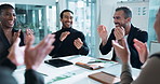 Meeting, smile and manager man in office with paperwork for planning, strategy and idea proposal. Growth, development and happy business people in conference room for discussion, support and teamwork
