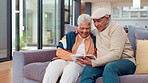 Smile, tablet and senior couple on couch for fun streaming, news website or social media memory in home. Laughing, old man and woman on sofa together with digital app for happy bonding, love or relax