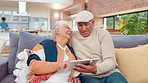 Laughing, elderly and couple on couch with tablet for fun streaming, website or social media meme in home. Smile, old man and woman on sofa together with digital app for happy bonding, love or relax