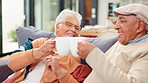 Senior couple, coffee and cheers in house for love, support and commitment together in marriage with smile. Elderly people, relax and happy in home for bonding, trust and relationship with connection