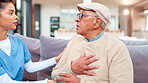 Woman, elderly man and support as caregiver in nursing home for wellness, empathy or retirement. Nurse, senior care and patient with heart disease, cardiovascular health or anxiety in comfort or help