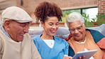 Laugh, caregiver and elderly people on sofa with tablet, streaming comedy and fun app. Nurse, senior couple and tech in nursing home with social media, meme joke and relatable funny video on internet